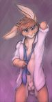  balls blue_eyes bottomless brown_fur brown_hair cherrybox clothed clothing cute flaccid fur hair half-dressed lagomorph looking_at_viewer male mammal necktie open_mouth penis plain_background rabbit sheath shirt smile solo standing suggestive thegarnet white_fur 