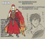  akashi_seijuurou armor cape character_sheet cosplay fate/zero fate_(series) heterochromia kisaragi_kokoro_(hazuki) kuroko_no_basuke male_focus parody partially_colored red_eyes red_hair rider_(fate/zero) rider_(fate/zero)_(cosplay) sandals sketch sword translation_request weapon yellow_eyes 