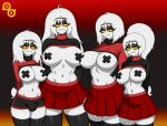 absurd_res artist_logo big_breasts big_bulge black_bottomwear black_clothing black_legwear black_shirt black_shorts black_stockings black_topwear bottomwear breasts bulge clothing club_penguin cousins_(lore) crop_top exposed_breasts female fur group hands_behind_back hi_res humanoid intersex legwear logo pasties pleated_skirt puffle puffle_dreemurr red_bottomwear red_clothing red_eyes red_shirt red_skirt red_topwear shirt shorts skirt stockings sweater topwear turtleneck white_body white_fur x_pasties yellow_sclera