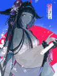  1girl absurdres arknights black_hair blue_background blue_eyes blunt_bangs chest_sarashi chinese_commentary closed_mouth commentary_request face_in_shadow flower fur-trimmed_sleeves fur_trim gloves glowing glowing_eyes hair_flower hair_intakes hair_ornament hair_wings highres holding holding_sword holding_weapon japanese_clothes juyekuno kimono long_hair long_sleeves looking_at_viewer mio_(arknights) pink_flower sarashi solo sword two-tone_kimono upper_body weapon white_kimono 