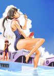  black_eyes black_hair brown_hair cloud day drain_(object) drinking_fountain food from_below from_side highres holding legs lifeguard long_hair multiple_girls naruse one-piece_swimsuit original outdoors outstretched_arm pocky ponytail pool poolside short_hair sitting sky soaking_feet starting_block swimsuit towel water 