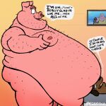 1:1 anthro belly belly_on_head big_belly biped canid canine canis dialogue domestic_dog domestic_pig duo english_text facial_piercing fatdanwich hairy male mammal morbidly_obese morbidly_obese_anthro morbidly_obese_male nose_piercing nose_ring nude_anthro obese obese_anthro obese_male overweight overweight_anthro overweight_male picture_on_wall piercing ring_piercing speech_bubble suid suine sus_(pig) text