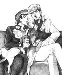  bud_(korovsme) couch diamond_wa_kudakenai dog gakuran graphite_(medium) greyscale hat higashikata_jousuke jojo_no_kimyou_na_bouken kuujou_joutarou monochrome multiple_boys pompadour school_uniform traditional_media 