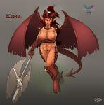  breasts corruption_of_champions dragon female hair hindpaw horn jassbefrold kiha_(coc) looking_at_viewer nipples nude paws plain_background pussy red_hair scales solo weapon wings 