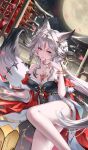  1girl a-chuang absurdres animal_ear_fluff animal_ears architecture arm_tattoo bare_shoulders black_dress breasts chest_tattoo cleavage closed_mouth commentary_request dress east_asian_architecture feet_out_of_frame forehead_tattoo fox_ears fox_girl fox_tail full_moon hair_ornament hand_up highres hsin_(wuthering_waves) large_breasts long_hair looking_at_viewer lying moon nail_polish on_side orange_eyes outdoors red_nails smile solo tail tattoo white_hair wuthering_waves 