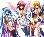  3girls astraea astrea blonde_hair blue_eyes blue_hair breasts cleavage ikaros juri_(shiningred) multiple_girls nymph_(sora_no_otoshimono) red_eyes red_hair sora_no_otoshimono wings 