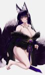  1girl absurdres ahoge animal_ear_fluff animal_ears azur_lane barefoot blonde_hair blue_ochre breasts cleavage collarbone commentary english_commentary facial_mark fur_trim gem highres huge_breasts jewelry kitsune kneeling kyuubi long_hair looking_at_viewer magatama magatama_necklace multiple_tails musashi_(azur_lane) necklace purple_gem purple_hair purple_nails purple_tail simple_background solo tail very_long_hair whisker_markings white_background 