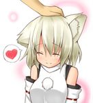  :o animal_ears bare_shoulders blush closed_eyes closed_mouth detached_sleeves face garasuita grey_hair heart inubashiri_momiji no_hat no_headwear out_of_frame petting short_hair simple_background smile solo_focus spoken_heart touhou upper_body wolf_ears 