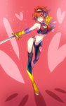  asymmetrical_clothes boots cleavage_cutout cutie_honey cutie_honey_(character) gloves hairband heart kisaragi_honey magical_girl midriff navel noki_(affabile) one_eye_closed re:_cutie_honey red_hair short_hair solo sword weapon 