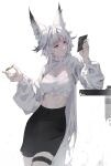  1girl absurdres alternate_costume animal_ear_fluff animal_ears black_skirt breasts closed_mouth commentary crop_top elyzerda forehead_tattoo fox_ears fox_girl fox_tail highres holding hsin_(wuthering_waves) large_breasts long_hair long_sleeves looking_at_object orange_eyes shirt shrug_(clothing) simple_background skirt smile solo tail tattoo thigh_strap white_background white_hair white_shirt white_shrug wuthering_waves 