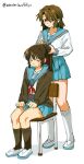  2girls absurdres black_socks blue_sailor_collar blue_skirt brown_cardigan brown_hair cardigan chair closed_eyes closed_mouth collarbone commentary_request fully_genderswapped_group genderswap genderswap_(mtf) hair_tie highres holding holding_hair_tie kita_high_school_uniform kneehighs knees koizumi_itsuki_(female) kyonko long_hair long_sleeves medium_hair multiple_girls on_chair open_cardigan open_clothes ponytail red_ribbon ribbon sailor_collar school_chair school_uniform serafuku shoes sitting skirt smile socks standing suzumiya_haruhi_no_yuuutsu tying_another's_hair uwabaki white_shoes white_socks winter_uniform wonderlandkikyo 