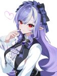  1girl absurdres ascot black_nails breasts center_frills commentary drill_hair drill_sidelocks frills gem grey_ascot hairband hand_up highres long_hair medium_breasts multicolored_hair nail_polish pointy_ears purple_gem purple_hair purple_hairband red_eyes riarts16 shirt shrug_(clothing) sidelocks simple_background sleeveless sleeveless_shirt smile solo streaked_hair untranslatable_commentary upper_body vivian_banshee white_background white_shrug white_streaks zenless_zone_zero 