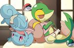  bed bulge clothing knife male open_mouth pillow pink_eyes pok&eacute;ball pok&eacute;mon red_eyes snivy squirtle tongue underwear upside_down 