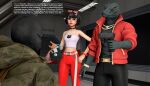 absurd_res anthro black_body black_bottomwear black_clothing black_pants black_undershirt bottomwear clock clothed clothed_anthro clothed_human clothing digit_ring epic_games evie_(fortnite) eyewear female female_human finger_ring flashback fortnite glasses gun handgun hi_res human jacket jewelry komodo_dragon lizard male mammal masked_male meteorsmash monitor_lizard necklace pants pistol ranged_weapon red_bottomwear red_clothing red_eyes red_eyewear red_glasses red_jacket red_pants red_topwear reptile scalie thunder_(fortnite) topwear watch weapon wristwatch