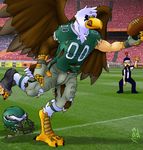  avian bald_eagle beak bird claws cleats clothing crowd eagle football gloves group helmet human jersey male mammal pants philadelphia_eagles receiver referee shirt socks stadium talons tongue torn_clothing transformation xids 