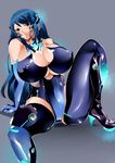  artist_request blue_hair blue_leotard bodysuit bolt boots breasts closed_mouth copyright_request glowing green_eyes grey_background head_tilt headgear high_heels knee_up large_breasts leotard long_hair looking_at_viewer shoes simple_background smirk solo spread_legs thigh_boots thighhighs 