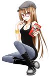  breasts brown_hair cleavage food glasses hat highres lindoh_flores medium_breasts original pocky red-eyes_macadamiachoco red_eyes solo 