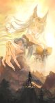  1boy 1girl absurdres animal_ear_fluff animal_ears bare_shoulders blonde_hair breasts chest_tattoo colored_inner_hair commentary dress evening fingernails forehead_tattoo fox_ears fox_girl fox_tail gold_dress hair_ornament highres hsin_(illumining_form)_(wuthering_waves) hsin_(wuthering_waves) large_breasts long_fingernails long_hair looking_at_another male_rover_(wuthering_waves) mohana multicolored_hair nail_polish orange_sky revision rover_(wuthering_waves) sky tail tattoo very_long_fingernails white_hair wuthering_waves yellow_eyes yellow_nails 