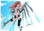  aqua_eyes blue_wings breasts dangan_neko long_hair mecha_musume medium_breasts navel original polearm red_hair revealing_clothes smile solo spear weapon wings 