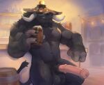 3_fingers absurd_res animal_genitalia animal_penis anthro balls bar barrel beer_mug beverage black_body black_fur black_hair blizzard_entertainment bovid bovine clothed clothing covered_eyes equine_genitalia equine_penis fingers fur genitals hair headgear headgear_only headwear headwear_only hi_res holding_beer_mug holding_beverage holding_object horn inside leaning leaning_backward male mammal mostly_nude muscular muscular_anthro muscular_male navel nipples notsophatmatt penis pubes solo tauren topless topless_anthro topless_male warcraft