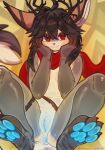 2026 4_toes abstract_background absurd_res anthro antlers anus barefoot bent_legs big_ears biped black_hair blue_anus blue_genitals blue_pawpads blue_vulva breasts brown_body brown_fur brown_hair butt claws clitoral_hood clitoris closed_smile deer feet felid feline female female_anthro fluffy fluffy_tail foot_focus front_view fur genitals glistening glistening_body glistening_eyes glistening_genitalia glistening_vulva glowing gradient_background grey_body grey_fur hair hand_on_cheek hand_on_face hi_res horn hybrid innie_vulva leg_markings legs_up long_tail looking_at_viewer mammal markings mostly_nude mouth_closed multicolored_body navel neckwear nude pawpads paws plump_labia presenting presenting_anus presenting_vulva red_eyes red_scarf scarf scarf_only simple_background sitting small_breasts smile smiling_at_viewer solo spread_legs spreading strawberrynightmilk tail tail_tuft toes tuft vulva yellow_background