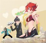  2girls aki_natsuko bad_id bad_pixiv_id bare_shoulders black_hair bowl breasts chopsticks cleavage_cutout cutie_honey cutie_honey_(character) eating food glasses gloves hat hayami_seiji hinatsu kisaragi_honey long_hair magical_girl medium_breasts midriff multiple_girls navel necktie onigiri pencil_skirt ponytail re:_cutie_honey red_eyes red_hair short_hair skirt smile yellow_eyes 