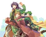  4boys book brown_cloak cape chad_(fire_emblem) cloak closed_eyes coat commentary_request fingerless_gloves fire_emblem fire_emblem:_the_binding_blade gloves green_coat green_gloves grin holding holding_book hug hug_from_behind hugh_(fire_emblem) ishiwari looking_at_another lugh_(fire_emblem) male_focus multiple_boys open_mouth purple_cape raigh_(fire_emblem) smile yellow_cape 