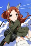  animal_ears cloud day gun long_hair long_sleeves military military_uniform minna-dietlinde_wilcke red_eyes red_hair sky solo strike_witches striker_unit tail tokiani uniform weapon world_witches_series 
