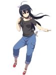  ahoge black_hair bra choker chuunibyou_demo_koi_ga_shitai! denim dual_wielding full_body holding jeans ladle leon_(mikiri_hassha) long_hair pants red_eyes shoes simple_background solo takanashi_touka underwear white_background 