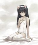  animal_ears arm_support bangs black_hair brown_eyes cat_ears fake_animal_ears girls_und_panzer hand_on_own_chest long_hair looking_to_the_side one-piece_swimsuit reizei_mako school_swimsuit sitting solo swimsuit thighhighs wariza white_background white_legwear white_school_swimsuit white_swimsuit you2 
