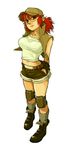  1girl brown_eyes fio_germi glasses hat looking_at_viewer metal_slug midriff official_art ponytail red_hair shorts snk solo 