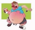 absurd_res anthro beverage clothing cloven_hooves domestic_pig english_text eyewear glasses hi_res hooves male mammal morbidly_obese obese overweight panicked_look royal_poodle slop snout soda solo suid suine sus_(pig) tearing_clothing text torn_clothing torn_shoes transformation weight_gain