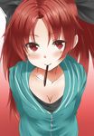  blush breasts cleavage collarbone food gradient gradient_background heirou long_hair looking_at_viewer mahou_shoujo_madoka_magica medium_breasts mouth_hold pocky red_eyes red_hair sakura_kyouko smile solo 