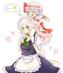  :d ^_^ apron ascot bat_wings blood blue_dress blue_eyes blue_hair braid carrying closed_eyes dress fang hair_ribbon hat hat_ribbon heart izayoi_sakuya maid maid_headdress maru_usagi multiple_girls nosebleed open_mouth outstretched_arm pointing pointing_forward puffy_sleeves remilia_scarlet ribbon shirt short_hair short_sleeves shoulder_carry silver_hair skirt skirt_set smile touhou translated twin_braids uu~ waist_apron wings younger 