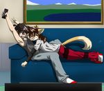  anthro anthro_kai cat feline fight hiro house human hybrid living_room natural painting red_socks remote sevi sibling_rivalry sofa television webcomic 