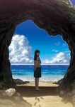  amemura_(caramelo) arms_behind_back barefoot bird black_hair blurry cloud day depth_of_field footprints hermit_crab horizon long_hair looking_at_viewer looking_back ocean original rock sand school_uniform serafuku shade shoes_removed sky solo standing sunlight water 