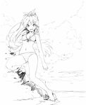  :d animal archellaura barefoot bikini breasts earrings ganaha_hibiki greyscale hair_ribbon hamster hamuzou high_ponytail highres idolmaster idolmaster_(classic) jewelry long_hair looking_at_viewer medium_breasts monochrome navel open_mouth ponytail ribbon rock sketch smile solo swimsuit water wet 