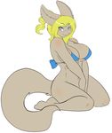  anthro big_breasts blonde_hair blue_eyes bottomless breasts canine clothed clothing female fennec fluffy_tail fox grin hair half-dressed long_hair looking_at_viewer mammal plain_background ponytail skidd smile solo tina_mclaren white_background 