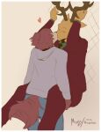 anthro antlers beastars bottomwear brown_body brown_fur canid canine canis clothing dominant dominant_female duo female female_holding_male french_kissing fur heart_symbol hi_res holding_another hoodie horn juno_(beastars) kiss_on_lips kissing louis_(beastars) male mammal murizy pants romantic romantic_couple submissive submissive_male tail tail_motion tailwag topwear wolf