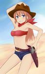  armpits bandeau belt blue_eyes breasts buckle charlotte_e_yeager cleavage cowboy_hat crop_top cutoffs denim denim_shorts grin gun handgun hat holster long_hair medium_breasts orange_hair rasielcochma revolver scarf shorts smile solo strike_witches weapon western world_witches_series 