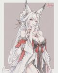  1girl animal_ear_fluff animal_ears arm_tattoo bare_shoulders black_dress border breasts chest_tattoo cleavage commentary dress forehead_tattoo fox_ears fox_girl grey_border hair_ornament hand_up highres hsin_(wuthering_waves) long_hair looking_at_viewer orange_eyes parted_lips scarletlupa signature smile solo tattoo untranslatable_commentary white_hair wuthering_waves 