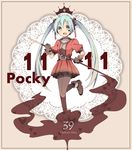  39 aren_(fubuki-46) bad_id bad_pixiv_id belt character_name dated dress food gloves hatsune_miku long_hair open_mouth pantyhose pocky pocky_day solo twintails very_long_hair vocaloid 
