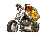  1boy male male_focus metal_slug motor_vehicle motorcycle muscle official_art smile snk solo tarma_roving vehicle 