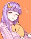  =_= bad_id bad_pixiv_id blush borrowed_character breasts cat crescent crescent_hair_ornament dated food hair_ornament hug kurokuro kuzuneko large_breasts long_hair looking_at_viewer mouth_hold one_eye_closed orange_background patchouli_knowledge pocky pocky_day purple_eyes purple_hair ribbed_sweater smile solo sweater touhou 