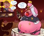 absurd_res anthro apple apple_in_mouth canid canine canis character_prepared_as_food clothing cloven_hooves domestic_pig duo english_text food fruit hi_res hooves hypnosis male mammal mind_control plant royal_poodle speech_bubble suid suine sus_(pig) tearing_clothing text torn_clothing transformation waiter weight_gain wolf