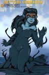 2017 4_fingers absurd_res adobe_photoshop_(artwork) alien black_ear_piercing black_hair black_text blue_body blue_lips blue_skin breasts cat_nose chronorin city city_background cleavage clothed clothing deviantart_username digital_drawing_(artwork) digital_media_(artwork) english_description english_text fangs featureless_crotch female female_humanoid fingers foggy_background gold_headwear hair head_crest hi_res humanoid humanoid_pointy_ears james_cameron's_avatar lips long_hair looking_at_own_hand na'vi nails navel neytiri open_mouth patreon patreon_logo pointy_ears shadow sharp_nails solo solo_focus symbiote teeth text yellow_eyes