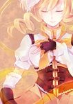  blonde_hair breasts buckle closed_eyes drill_hair elbow_gloves fingerless_gloves gloves large_breasts magical_girl mahou_shoujo_madoka_magica skirt solo tomoe_mami twin_drills twintails xyu05 