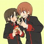  bad_id bad_pixiv_id brown_eyes brown_hair food little_busters! male_focus mouth_hold multiple_boys naoe_riki natsume_kyousuke pocky red_eyes school_uniform shacttainw sharing_food 