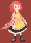  apron bell checkered checkered_shirt hair_bell hair_ornament jingle_bell long_sleeves motoori_kosuzu red_eyes red_hair rubin shirt short_hair smile solo touhou two_side_up wide_sleeves 