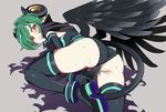  aqua_hair arcana_trust ass black_legwear black_panties black_wings blush brown_eyes demon_girl elbow_gloves from_behind gloves green_hair hair_over_one_eye holding horns leg_up masturbation ningen_(ningen96) object_insertion panties panties_aside pointy_ears pussy_juice shinrabanshou short_hair simple_background solo succubus tail tail_masturbation thighhighs underwear vaginal vaginal_object_insertion wet wet_clothes wet_panties wings 